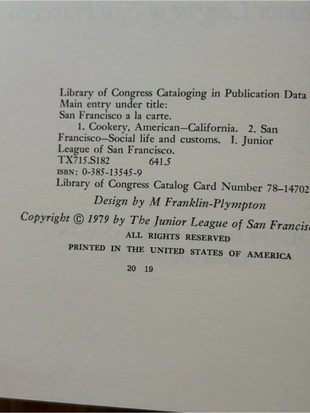 Vintage 1979 San Francisco à la Carte Cookbook Junior League HC